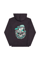 The Mind Bloom Pullover Hoodie is a black skull hoodie with a bold mushroom graphic inspired by Erik Abel and “Stay Transcend” text on the back.