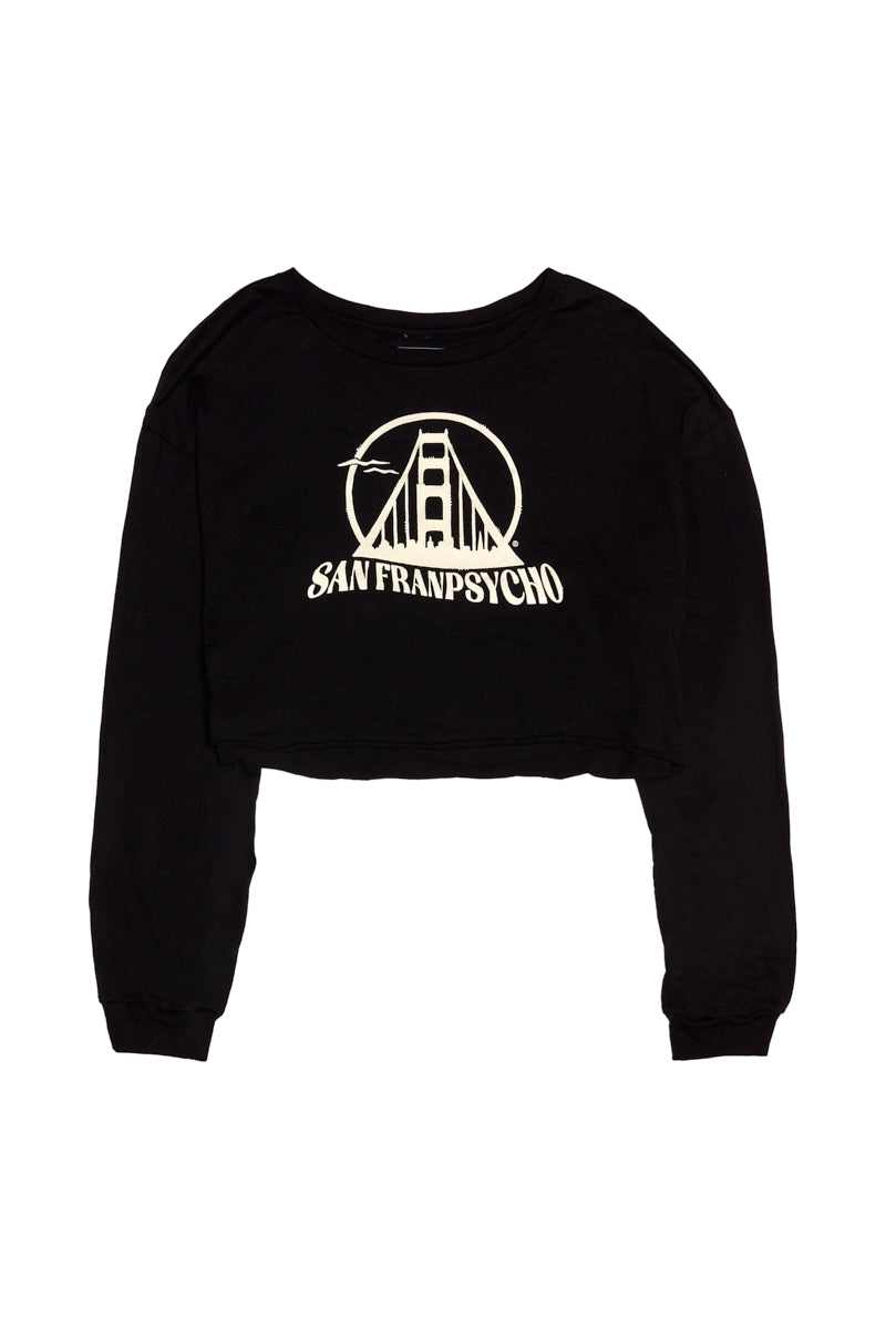 Women's Gull Logo Cropped Long Sleeve: black cropped tee with coastal vibes, featuring a hand-printed San Franpsycho Gull logo and Golden Gate Bridge graphic on the front.