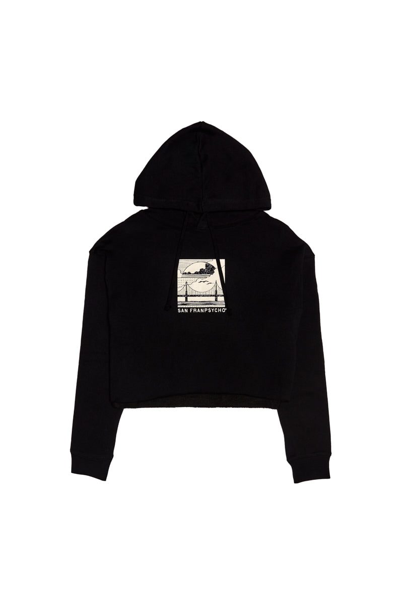 The Elemental Crop Hoodie features a hand-printed mountain graphic patch with San Franpsycho text on the chest—a unique San Francisco hoodie perfect for city lovers.