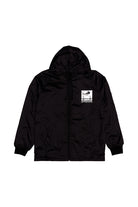 The Elemental Jacket is a black, hooded, wind-resistant jacket featuring a front zipper and a small white graphic patch on the left chest, inspired by San Francisco style.