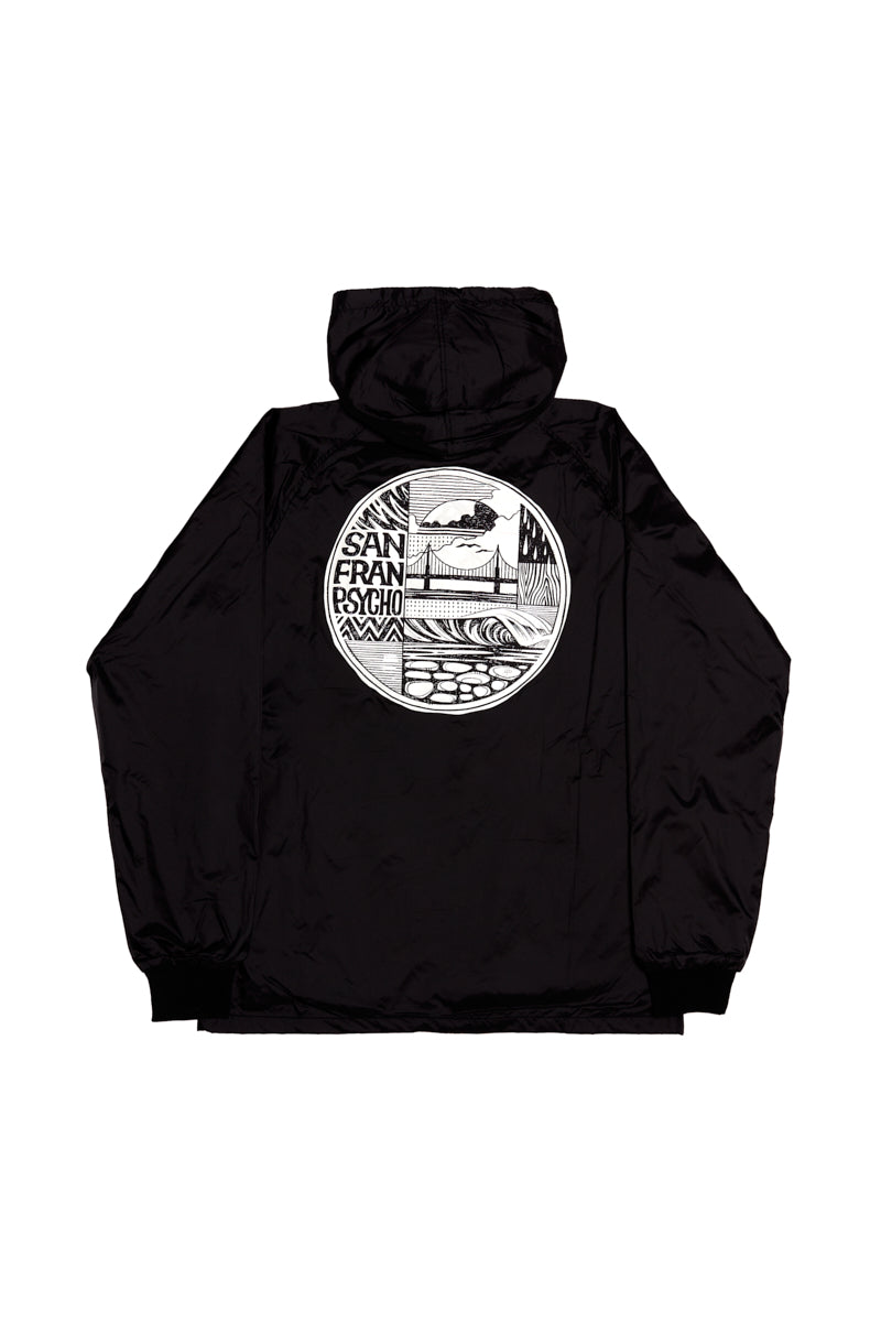 The Elemental Jacket is a black hooded jacket with a water-resistant shell and a round graphic on the back featuring San Franpsycho and a San Francisco cityscape design.