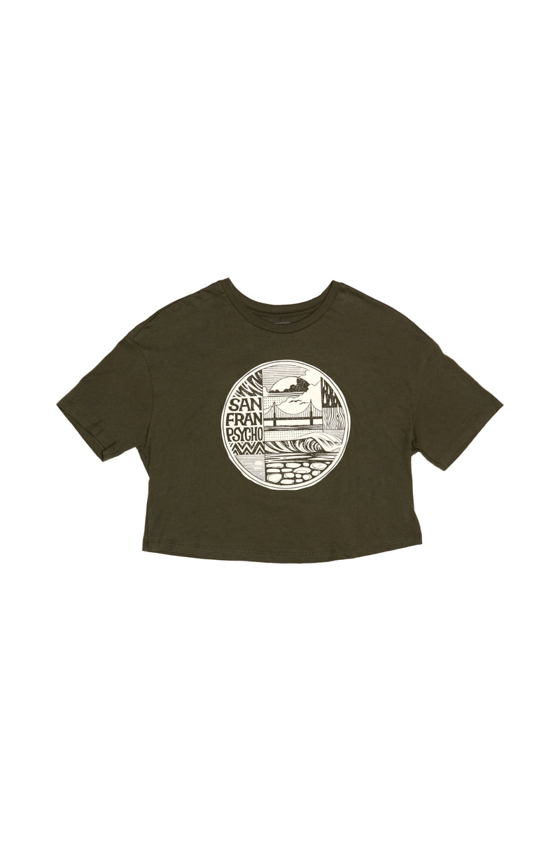 Women's Elemental Cropped Tee in olive green, featuring a round graphic with San Fran Psycho and a scenic San Francisco landscape.