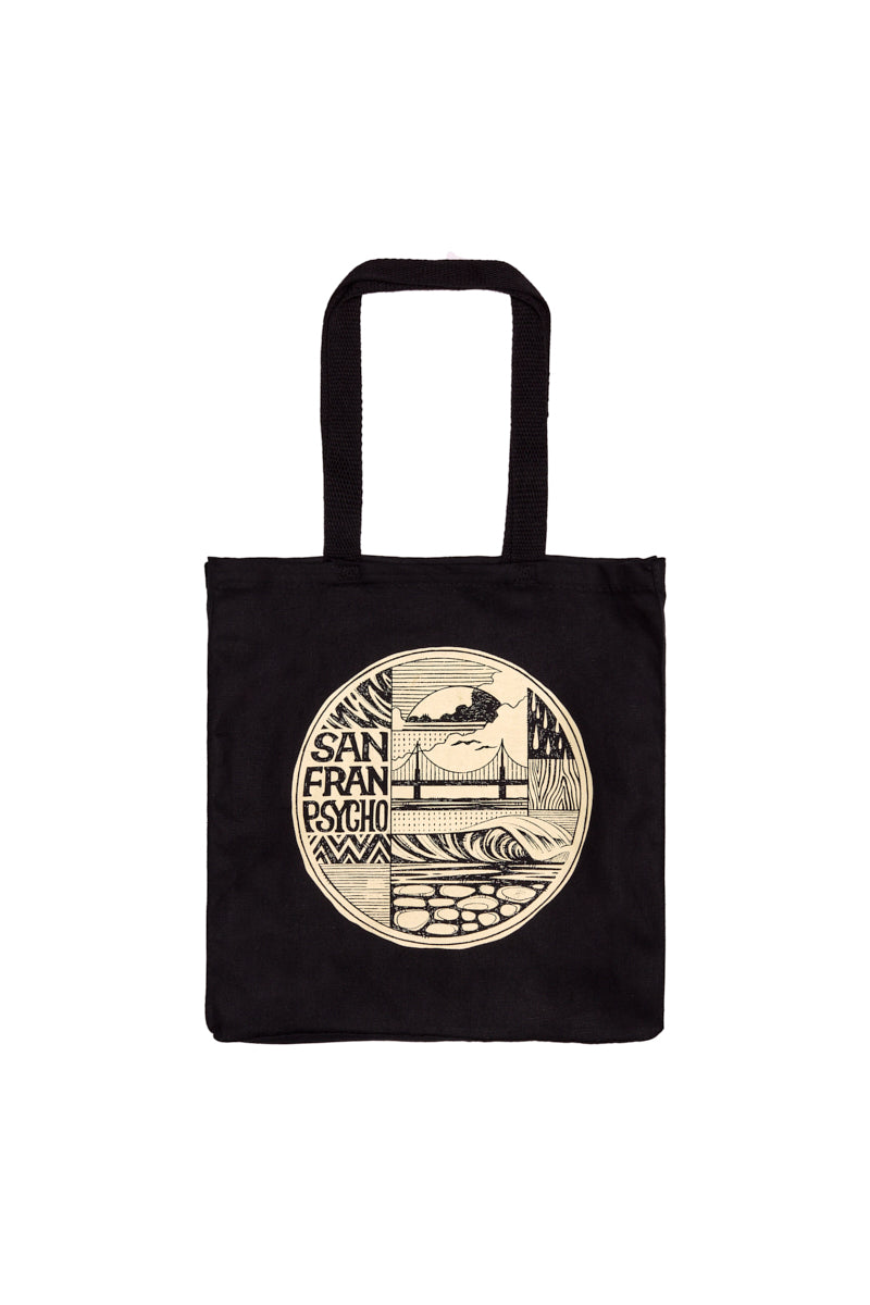 The Elemental Tote is a black canvas bag featuring a circular San Francisco graphic inspired by Erik Abel and bold "San Franpsycho" text.