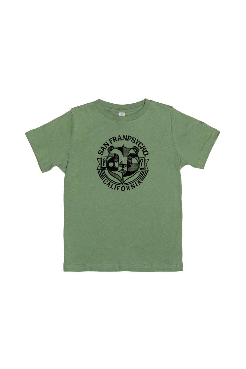 The Bear Essentials Youth Tee is a green short-sleeve cotton t-shirt featuring "San Franpsycho California" and a black graphic on the front—perfect for a laid-back West Coast vibe.