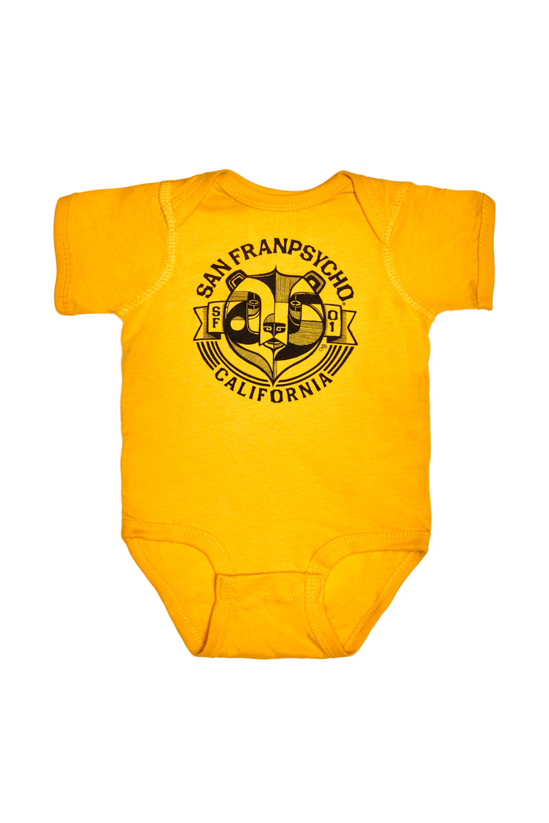 Bright yellow Bear Essentials Onesie with a black "San Franpsycho California" snake graphic on the back—ideal for fans of unique San Francisco baby clothes.