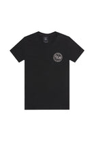 The Salt of the City Tee is a black heavyweight cotton short-sleeve shirt featuring a small white circular graphic on the left chest, hand printed in San Francisco.