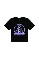 The Women's Black & Purple Logo Crop Tee features a purple Golden Gate Bridge graphic and SAN FRANPSYCHO text on a black cropped style for women.