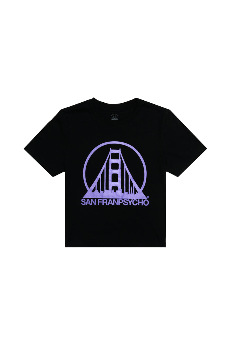 The Women's Black & Purple Logo Crop Tee features a purple Golden Gate Bridge graphic and SAN FRANPSYCHO text on a black cropped style for women.