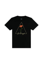 The California Poppy Tee is a unisex 100% cotton shirt with a triangle outline, orange poppy, and hand-printed San Francisco script on the front.