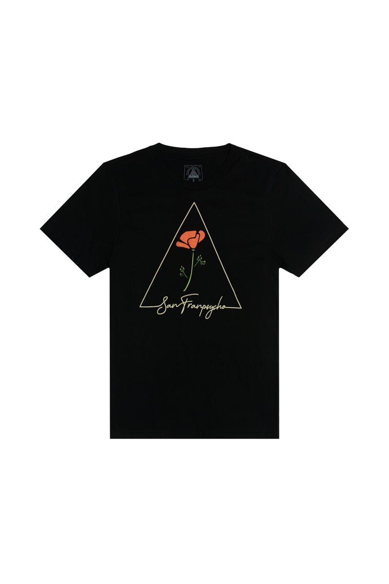 The California Poppy Tee is a unisex 100% cotton shirt with a triangle outline, orange poppy, and hand-printed San Francisco script on the front.