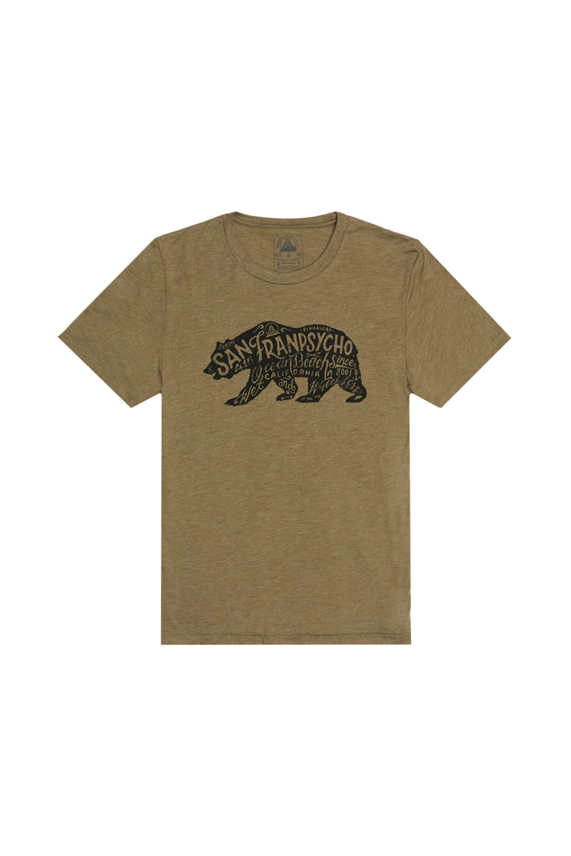The Cali Bear Tee is an olive green t-shirt with a Cali Bear graphic and San Franpsycho text on the front, celebrating San Francisco’s lively spirit.