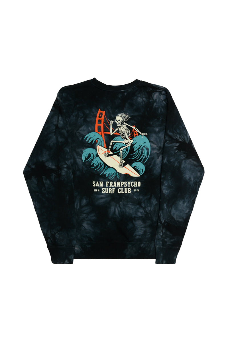 The Surf Club Crewneck is a super soft black tie-dye sweatshirt featuring a skeleton surf club scene by the Golden Gate Bridge and "San Franpsycho Surf Club" text.