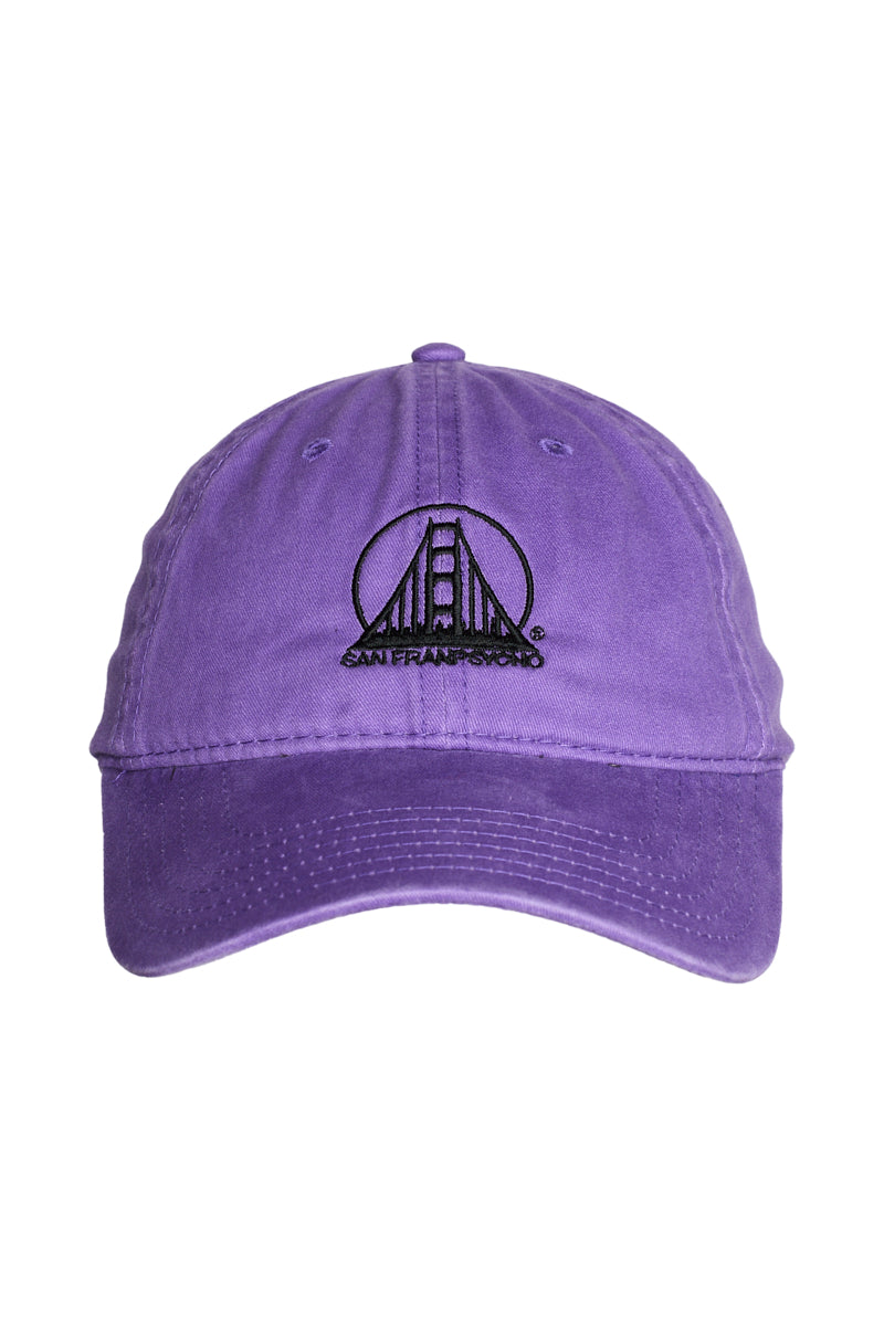 The Purple & Black Logo Dad Hat features a black embroidered Golden Gate Bridge and San Francisco text on purple denim, combining a comfortable fit with classic dad hat style.