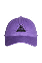 The Purple & Black Logo Dad Hat features a black embroidered Golden Gate Bridge and San Francisco text on purple denim, combining a comfortable fit with classic dad hat style.