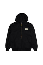 The Bridge Co. Workwear Jacket is a black hooded zip-up with front pockets and a small rectangular patch on the left chest.
