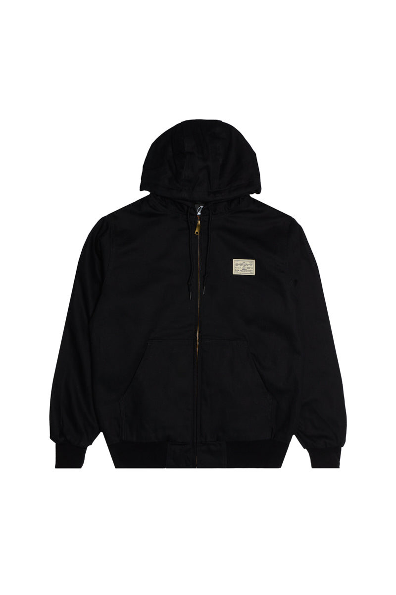 The Bridge Co. Workwear Jacket is a black hooded zip-up with front pockets and a small rectangular patch on the left chest.