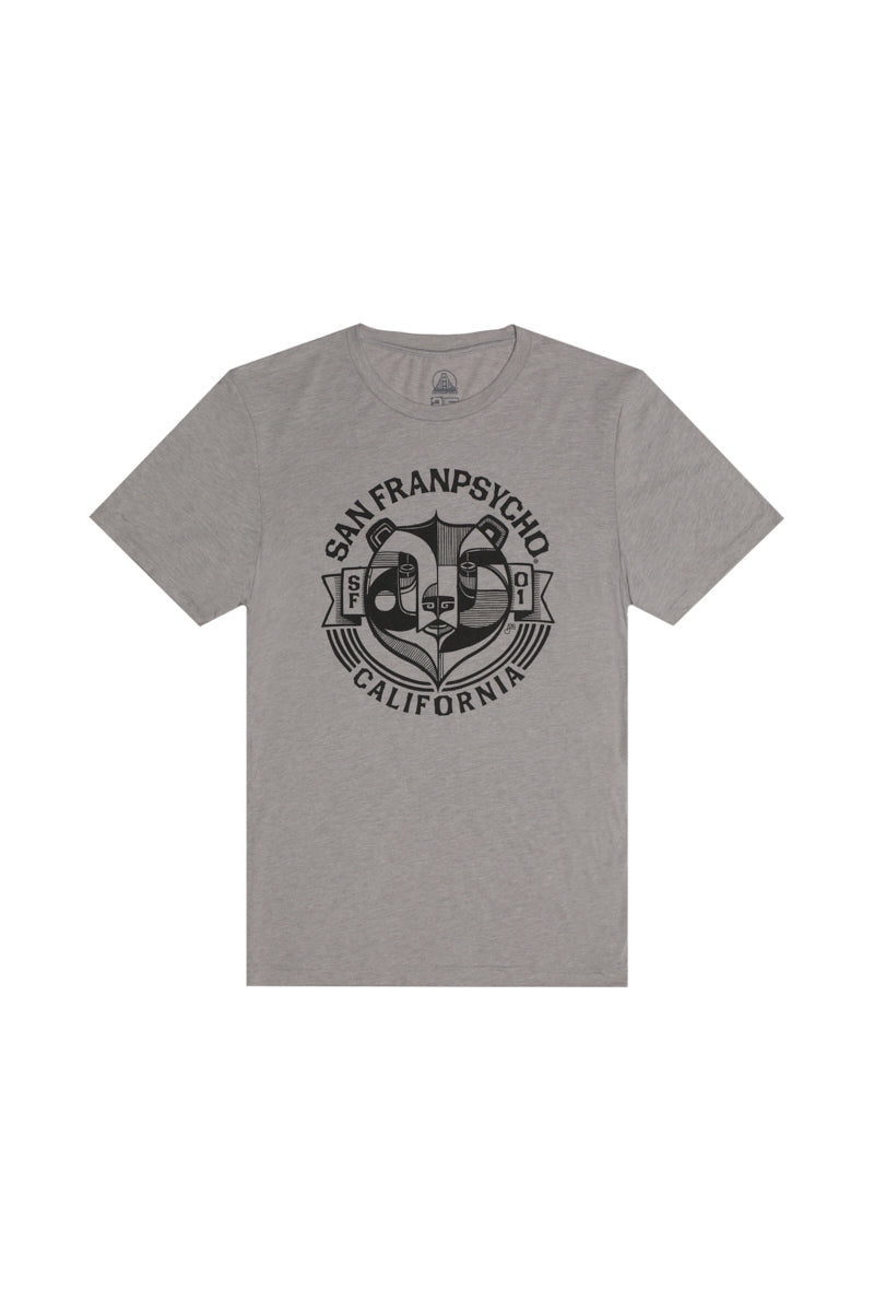 The Bear Essentials Tee - Heather Grey features a black San Franpsycho California bear graphic and stylized front design, crafted from ultra-soft fabric for all-day comfort.