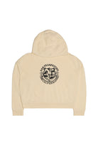 The Women's Bear Essentials Pullover is a beige hoodie featuring a black San Franpsycho California bear graphic on the back—an ultra-soft, laid-back West Coast sweatshirt perfect for comfort and style.