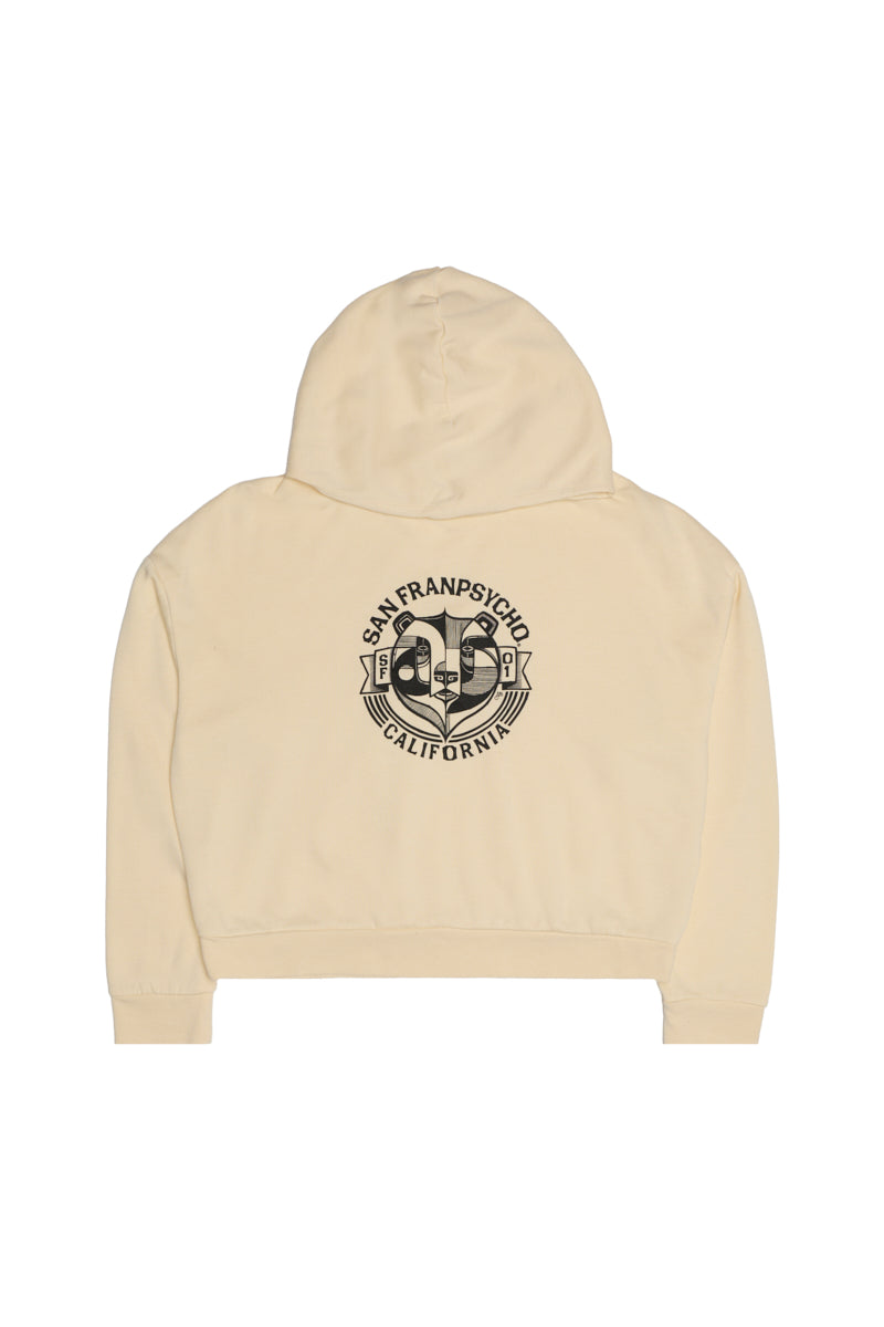 The Women's Bear Essentials Pullover is a beige hoodie featuring a black San Franpsycho California bear graphic on the back—an ultra-soft, laid-back West Coast sweatshirt perfect for comfort and style.