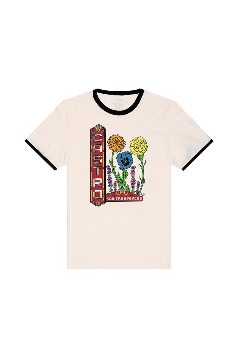 The Castro Pride Tee is a white ringer shirt featuring a CASTRO sign, queer flowers, and San Francisco text on the front—Pride-inspired by the iconic Castro Theatre.