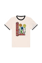 The Castro Pride Tee is a white ringer shirt featuring a CASTRO sign, queer flowers, and San Francisco text on the front—Pride-inspired by the iconic Castro Theatre.