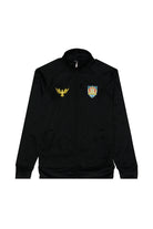 The WC x SFP Zip-Up Jacket features a gold eagle emblem and colorful shield crest on the chest, inspired by the US Men's National Team, shown laid flat on a white background.