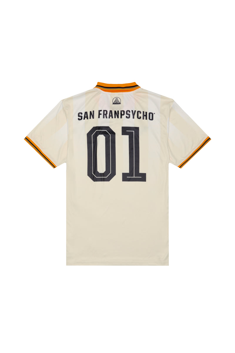 The WC x SFP Jersey - Away is a cream-colored fan-fit jersey with SAN FRANPSYCHO and the number 01 in black with orange trim on the back.