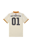 The WC x SFP Jersey - Away is a cream-colored fan-fit jersey with SAN FRANPSYCHO and the number 01 in black with orange trim on the back.