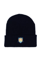 The WC x SFP Beanie is a black knit hat featuring a colorful embroidered shield logo on the folded brim, inspired by the US Men's National Team.