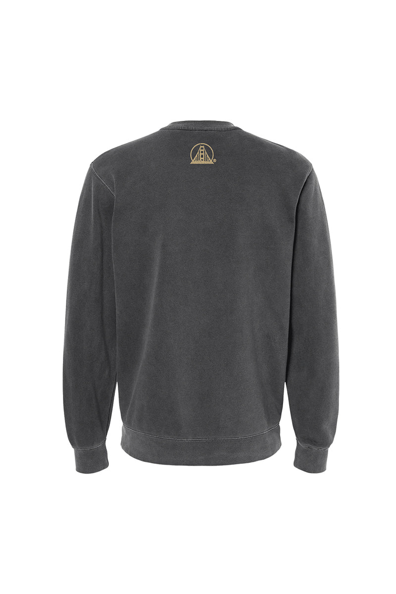 Dark grey Gold Rush Crewneck, shown from the back, featuring a small circular gold logo at the top center—a subtle nod to San Francisco 49ers style.