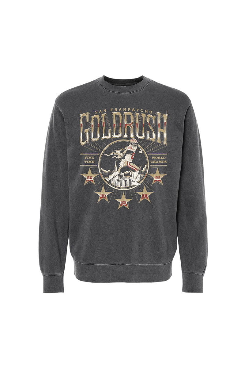 Gold Rush Crewneck by San Franpsycho—a black sweatshirt featuring a bold graphic of a football player and five stars on the front, celebrating San Francisco 49ers pride.