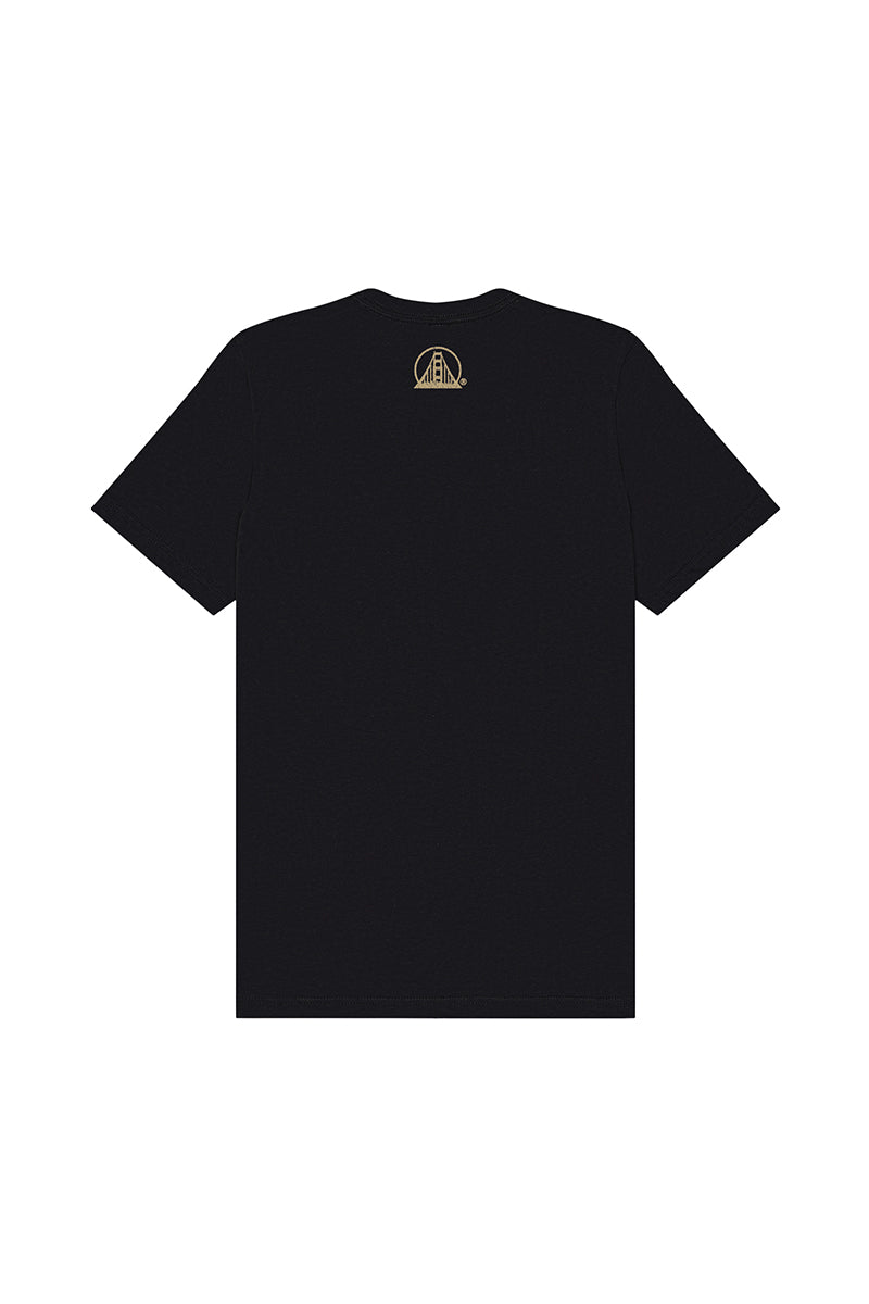 Gold Rush Tee - Vintage Black: This black t-shirt features a small gold Deathly Hallows symbol printed near the neck on the back, inspired by the classic style of a vintage 49ers tee.