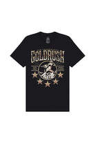 Gold Rush Tee - Vintage Black: A unisex black t-shirt featuring the iconic San Franpsycho Goldrush graphic and a miner illustration above five gold stars, inspired by the vibrant spirit of San Francisco’s Gold Rush.