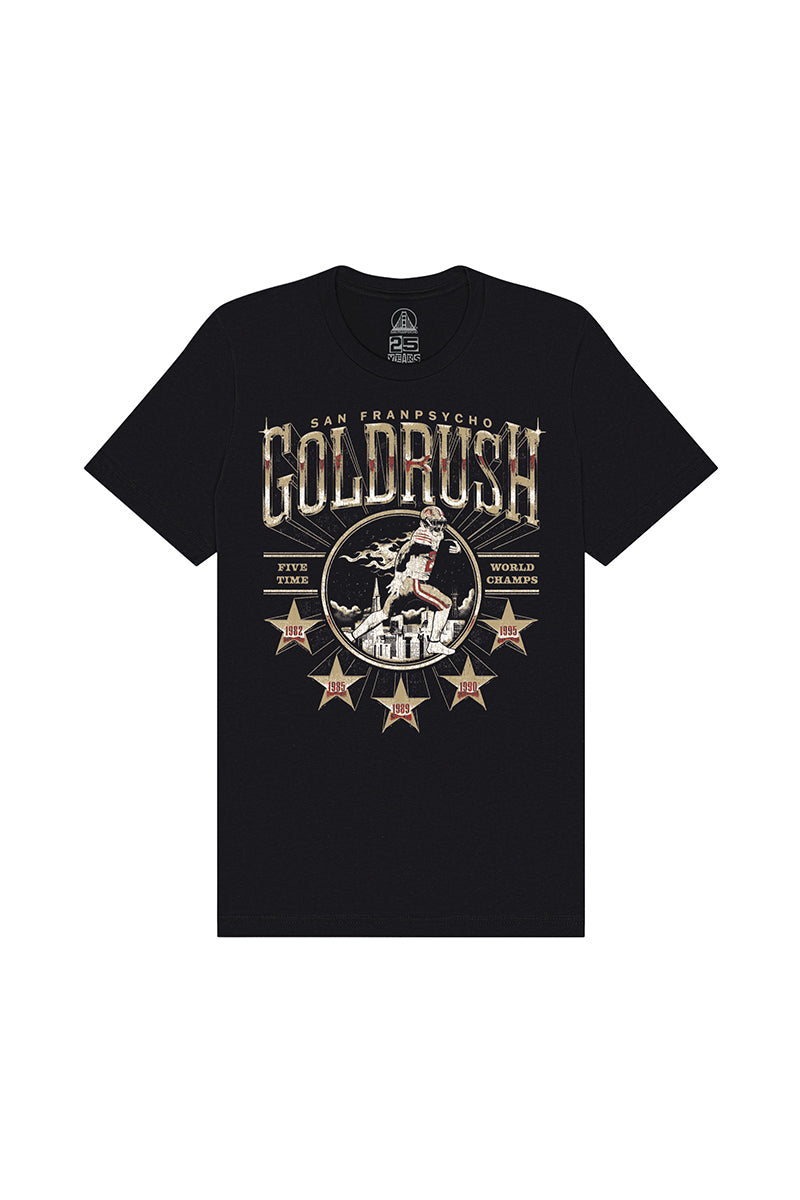 Gold Rush Tee - Vintage Black: A unisex black t-shirt featuring the iconic San Franpsycho Goldrush graphic and a miner illustration above five gold stars, inspired by the vibrant spirit of San Francisco’s Gold Rush.