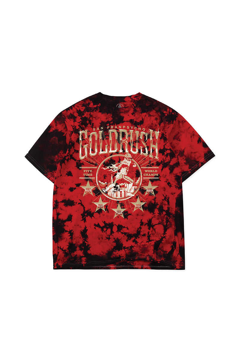 Show off your Gold Rush spirit with the Gold Rush Tee - Red Crystal Dye, a red and black tie-dye unisex tee featuring “GOLDRUSH” and a boxer graphic on the back—perfect for 49ers fans.