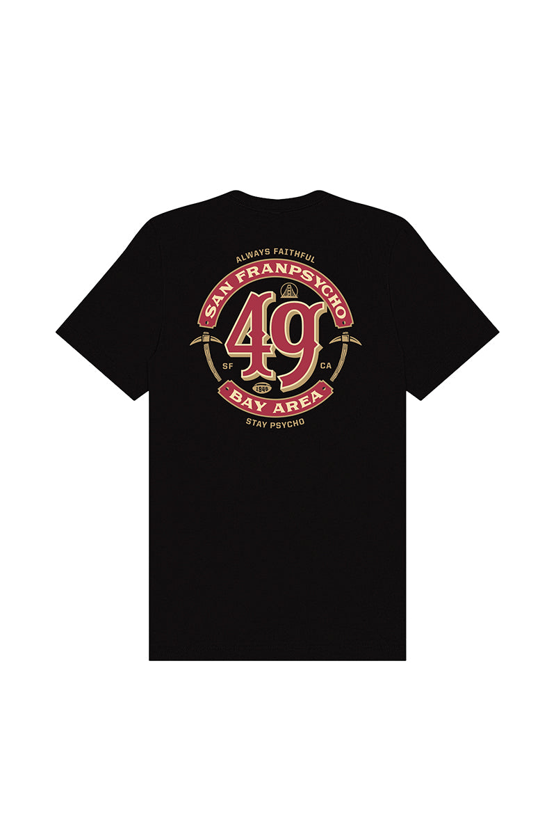The Niners Faithful Tee is a black T-shirt featuring a bold red and gold “49” design on the front and “San Franpsycho Bay Area” text on the back, inspired by the spirit of San Francisco. This unisex fit shirt is perfect for fans looking to show their Bay pride in style.