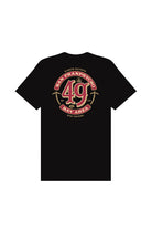 The Niners Faithful Tee is a black T-shirt featuring a bold red and gold “49” design on the front and “San Franpsycho Bay Area” text on the back, inspired by the spirit of San Francisco. This unisex fit shirt is perfect for fans looking to show their Bay pride in style.