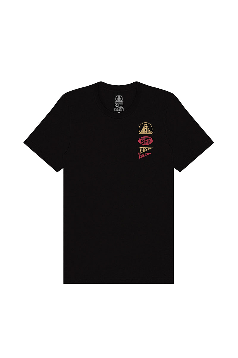 Niners Faithful Tee—black unisex shirt featuring a small red and yellow graphic with text on the left chest, shown on a white background. Perfect for displaying your San Francisco pride.