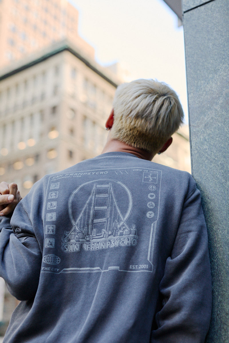 Person wearing a grey 3D Logo Crewneck with a Golden Gate Bridge graphic on the back.