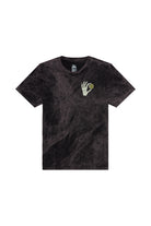 Black acid-wash Quarter Cent Tee with a skeleton hand graphic holding a coin on the chest.