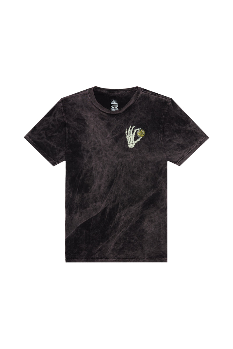 Black acid-wash Quarter Cent Tee with a skeleton hand graphic holding a coin on the chest.