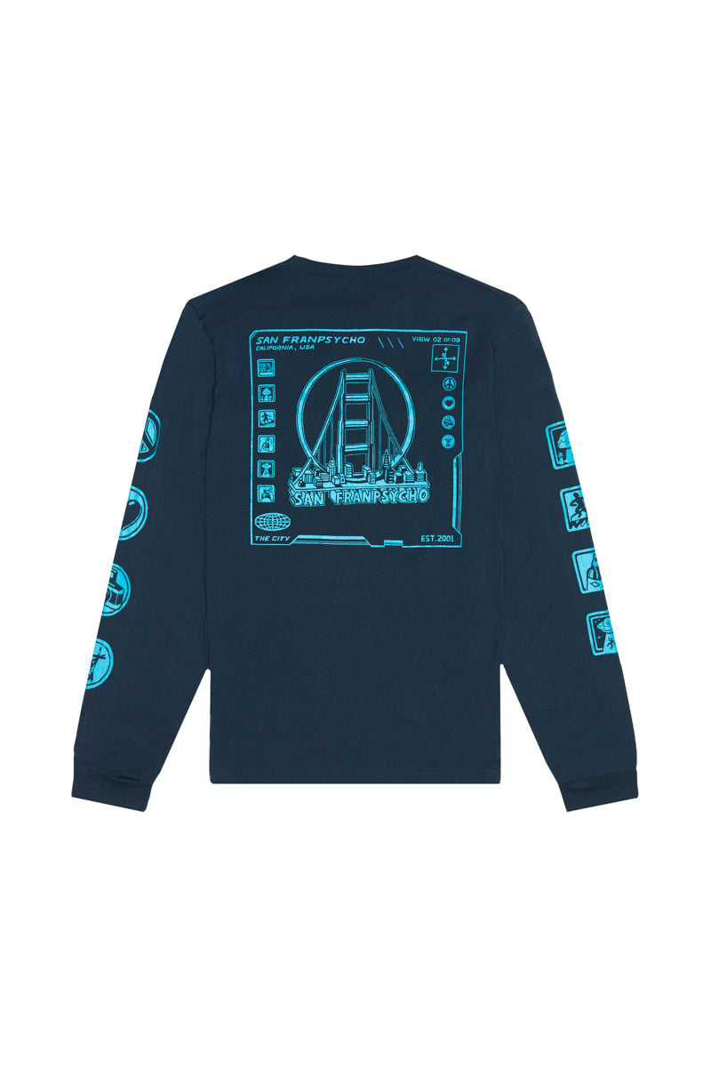 Navy 3D Logo Long Sleeve with hand-printed blue Golden Gate Bridge and San Francisco graphics.