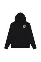 Black Quarter Cent Pullover Hoodie featuring a small skeleton hand holding a coin graphic on the chest.