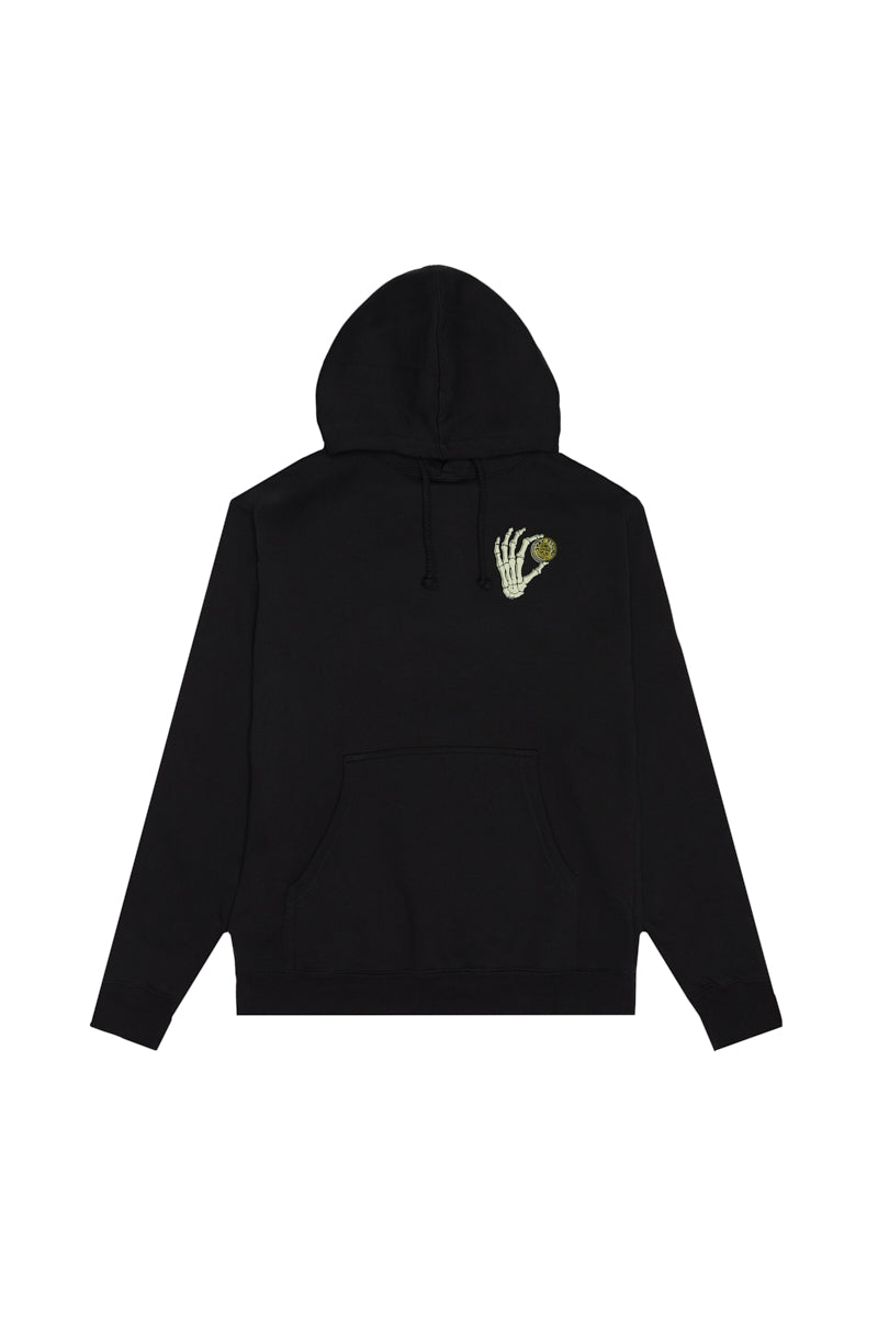 Black Quarter Cent Pullover Hoodie featuring a small skeleton hand holding a coin graphic on the chest.