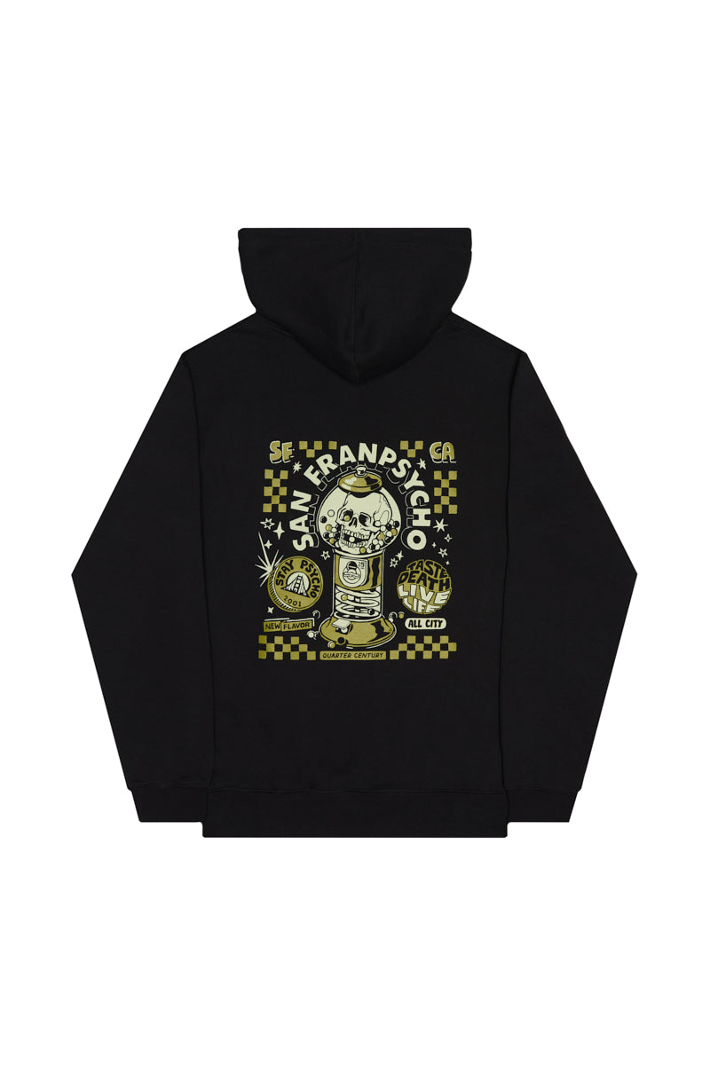 Black Quarter Cent Pullover Hoodie with a back graphic of a skull inside a gumball machine.