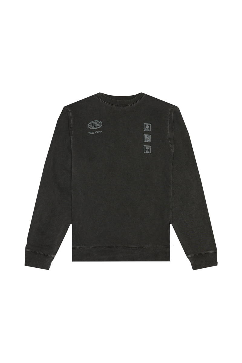 Black 3D Logo Crewneck sweatshirt featuring a globe logo, THE CITY text, and three small square icons on the chest.