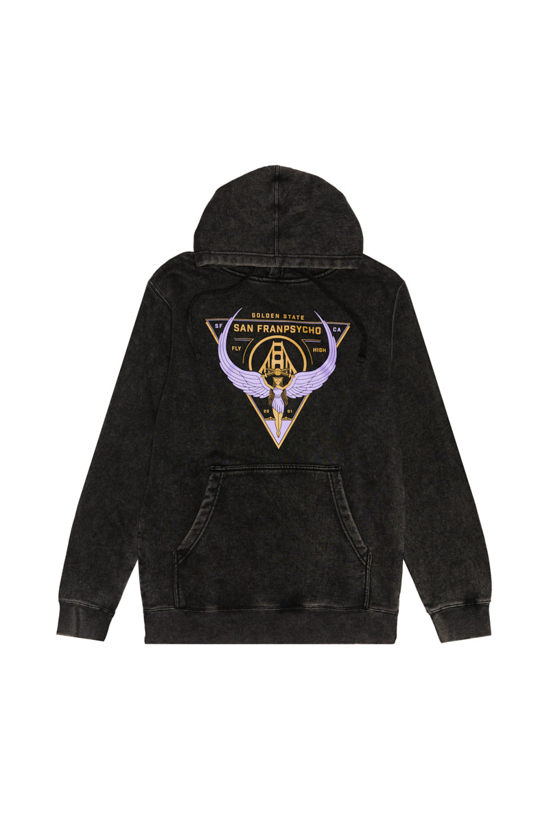 Black Valhalla Pullover with a purple and gold winged, pyramid-shaped San Franpsycho logo on the back.