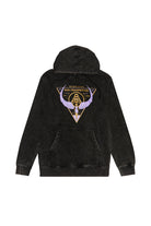 Black Valhalla Pullover with a purple and gold winged, pyramid-shaped San Franpsycho logo on the back.