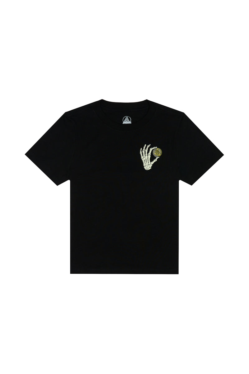 Black Women’s Quarter Cent Tee crop top with a small skeletal hand holding a coin graphic on the chest.