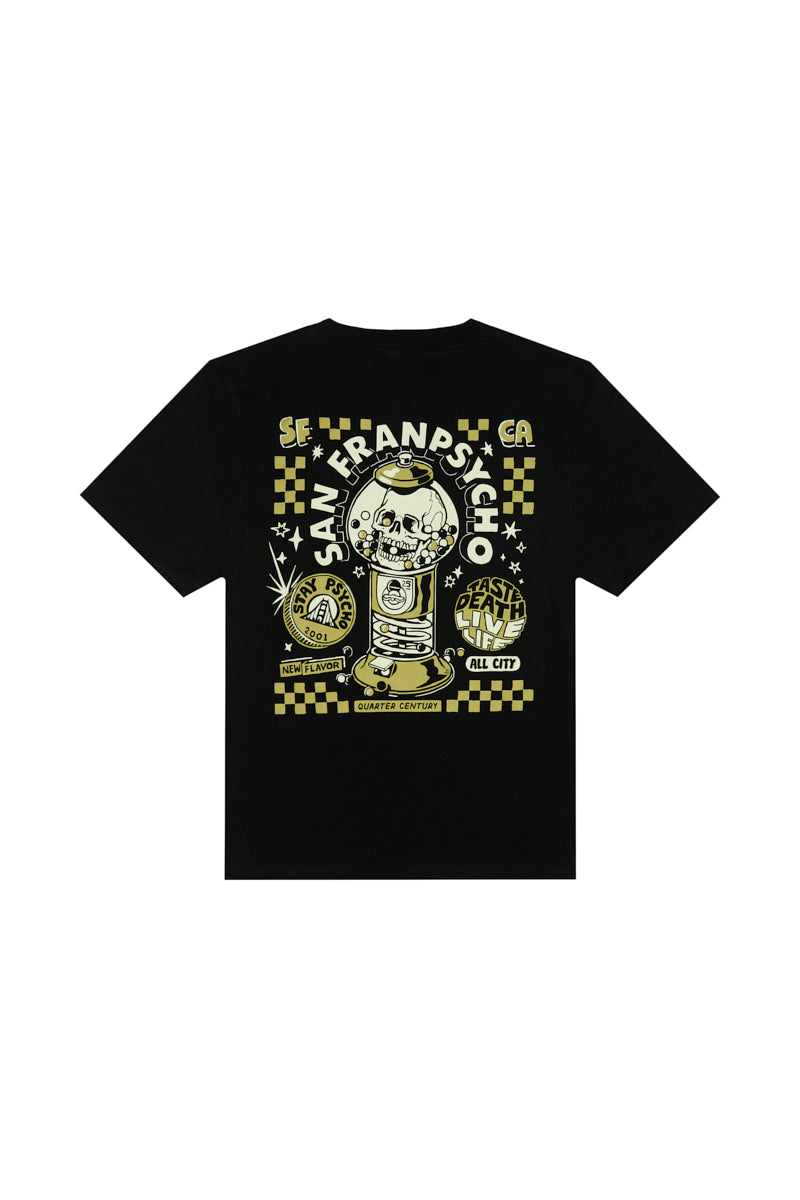 Black Women’s Quarter Cent Tee crop top featuring a graphic of a gumball machine containing a human skull.